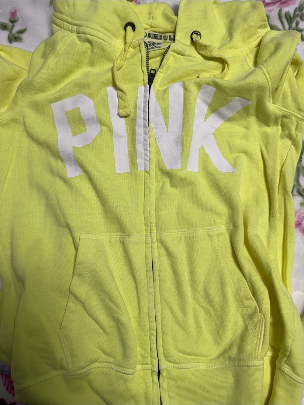 PINK Victoria's Secret Neon Yellow Zip-Up Hoodie - Picture 2 of 3